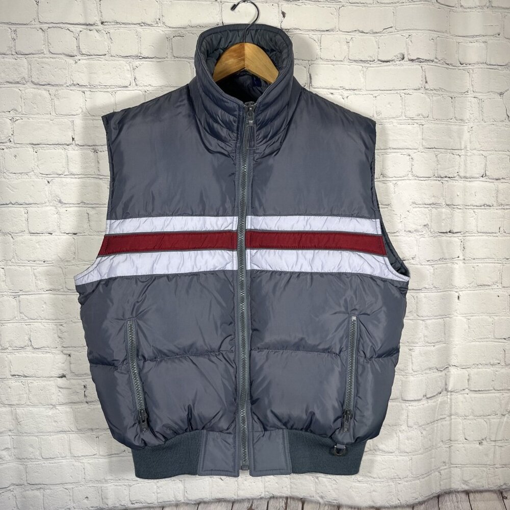Vintage Hermans Vest XL Gray Colorblock Goose Down Striped Mens Pockets